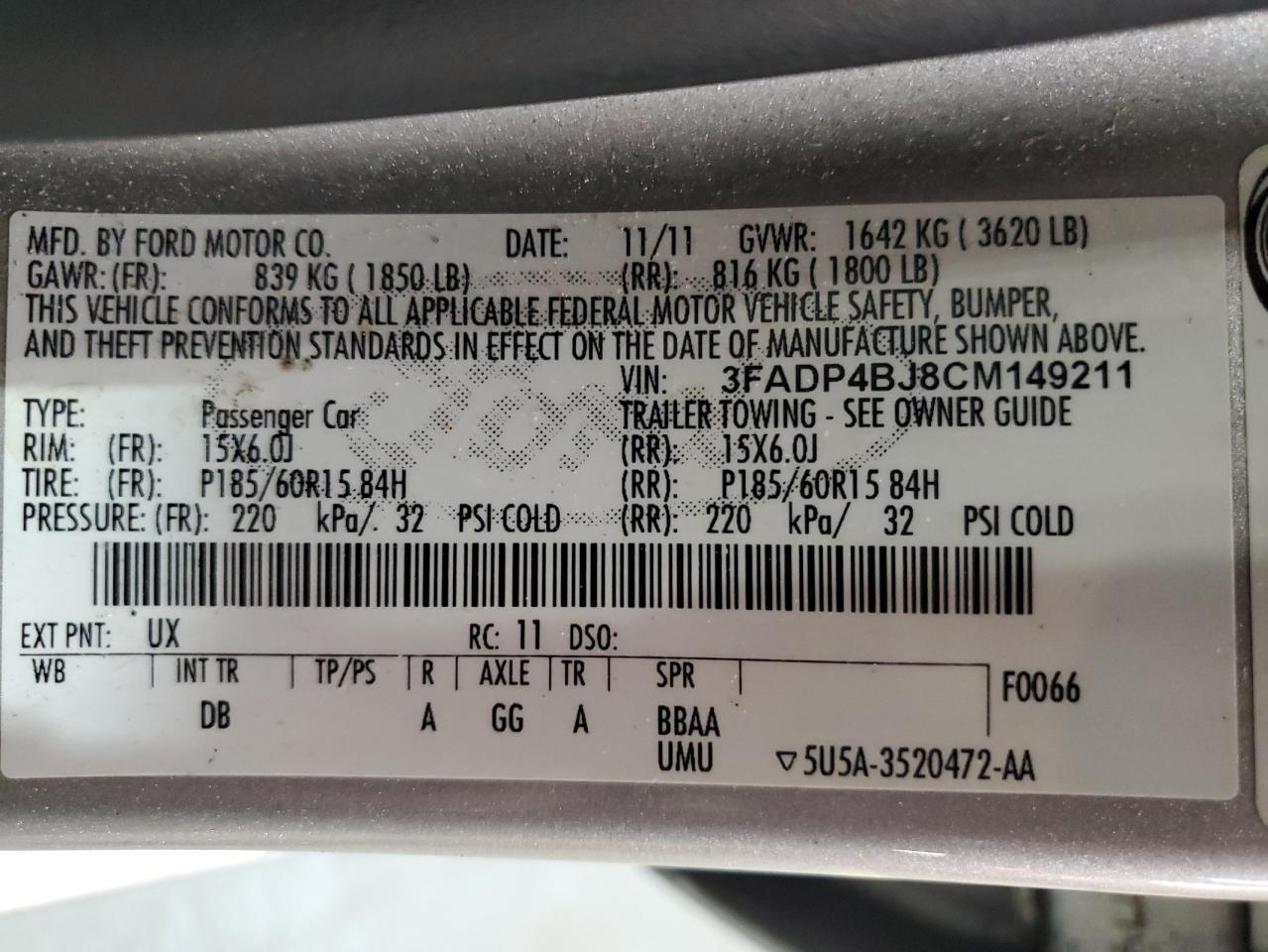 2012 Ford Fiesta Se VIN: 3FADP4BJ8CM149211 Lot: 91763475