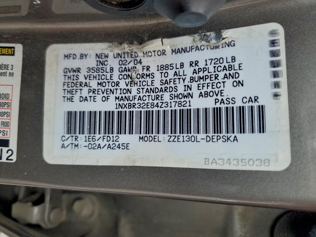 2004 Toyota Corolla Ce VIN: 1NXBR32E84Z317821 Lot: 92676995