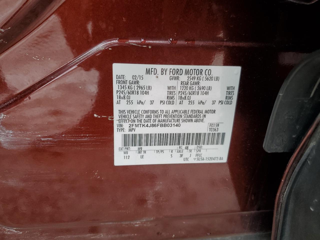 2015 Ford Edge Sel VIN: 2FMTK4J86FBB03140 Lot: 93819655