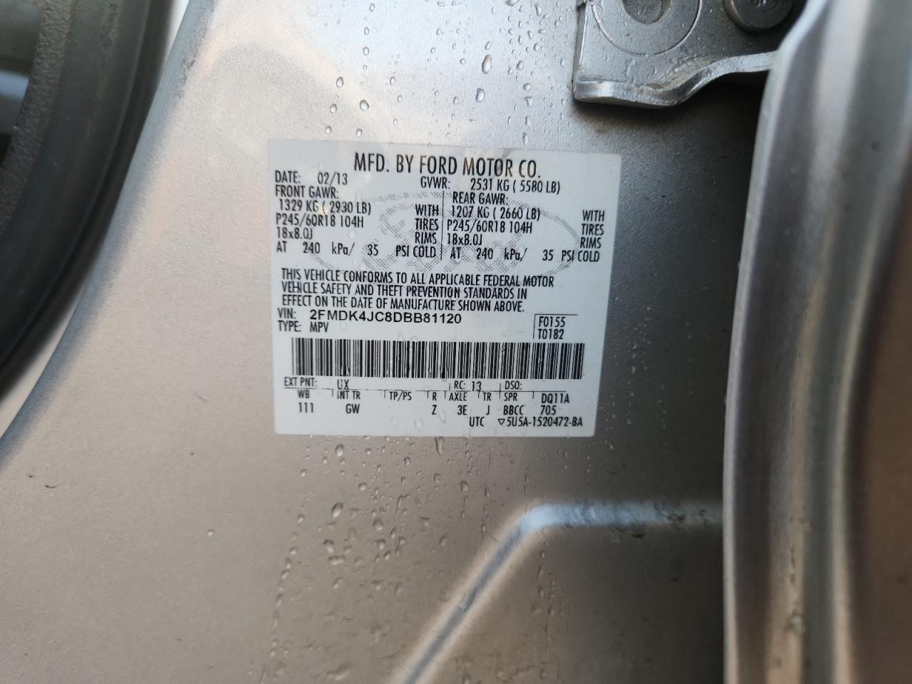 2013 Ford Edge Sel VIN: 2FMDK4JC8DBB81120 Lot: 91066095