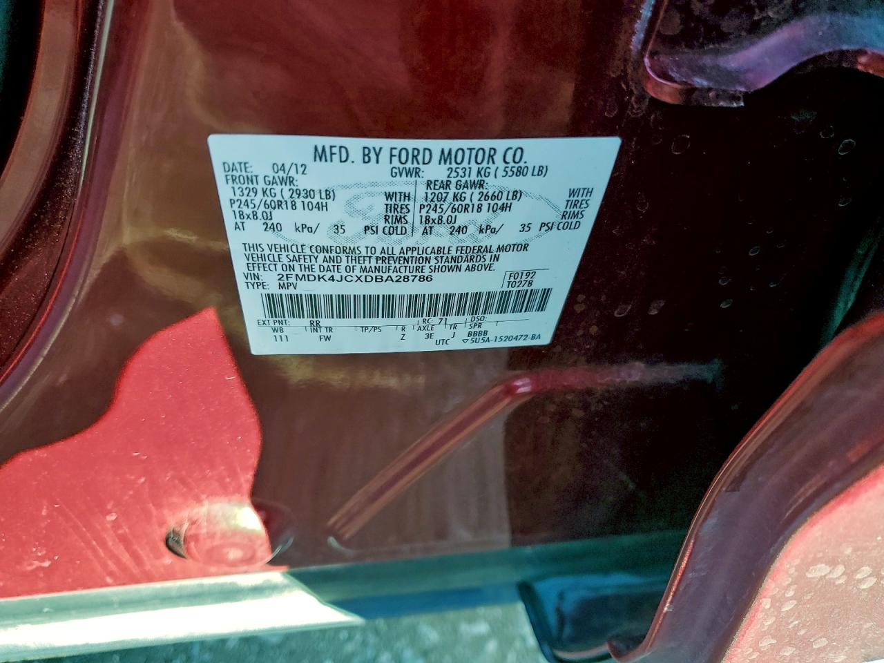 2013 Ford Edge Sel VIN: 2FMDK4JCXDBA28786 Lot: 94592555