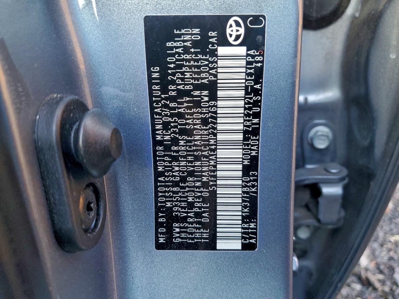 2021 Toyota Corolla Le VIN: 5YFEPMAE4MP227769 Lot: 93253225