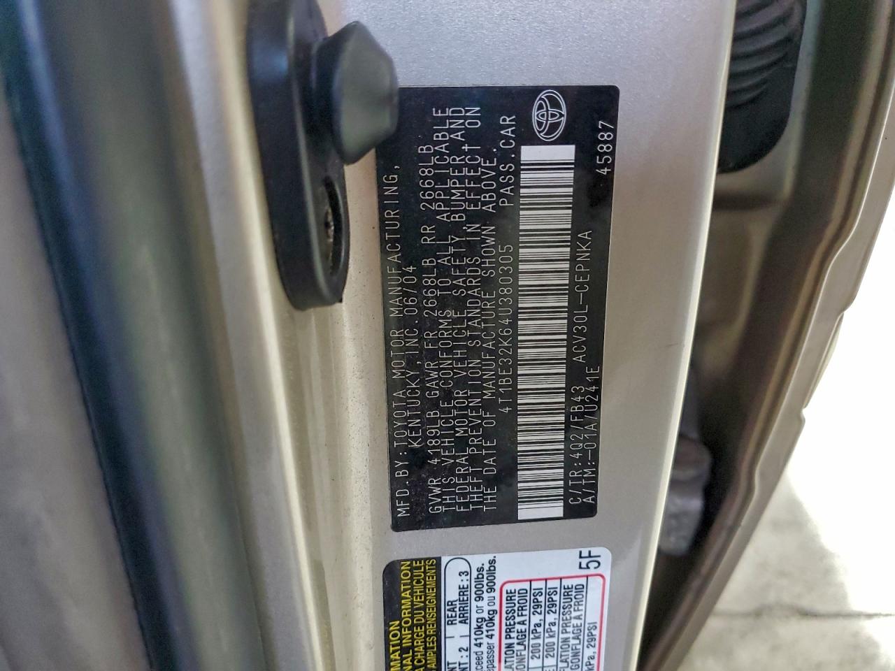 2004 Toyota Camry Le VIN: 4T1BE32K64U380305 Lot: 94176975