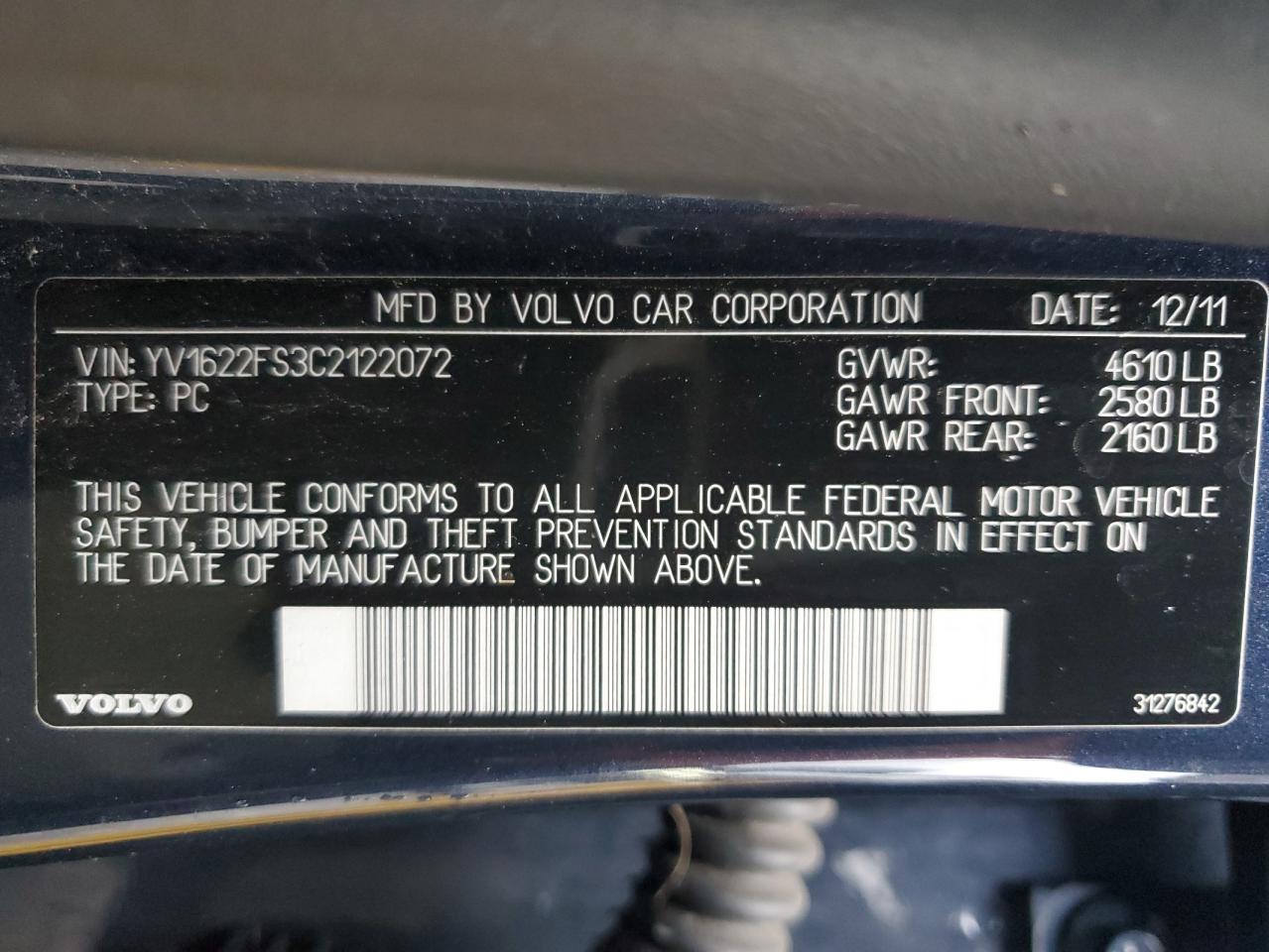 2012 Volvo S60 T5 VIN: YV1622FS3C2122072 Lot: 93559845