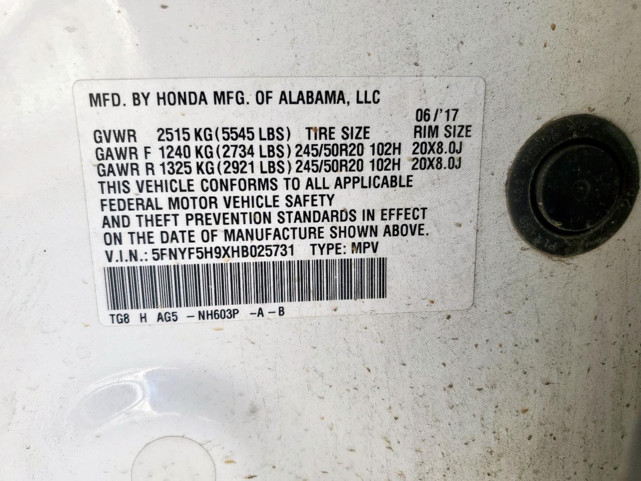 2017 Honda Pilot Touring VIN: 5FNYF5H9XHB025731 Lot: 93065765