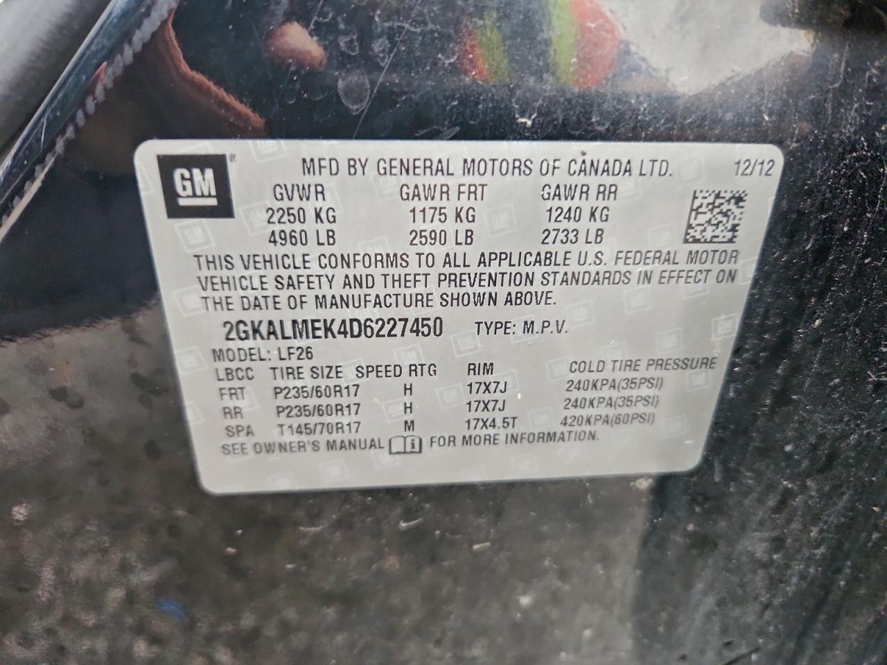 2013 GMC Terrain Sle VIN: 2GKALMEK4D6227450 Lot: 93629255