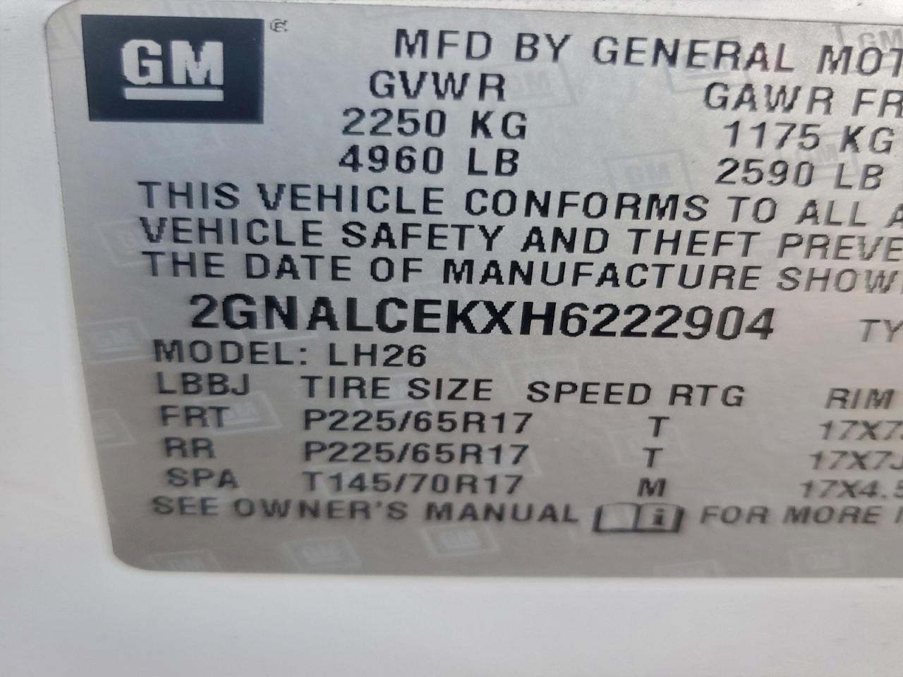 2017 Chevrolet Equinox Lt VIN: 222904 Lot: 95072725