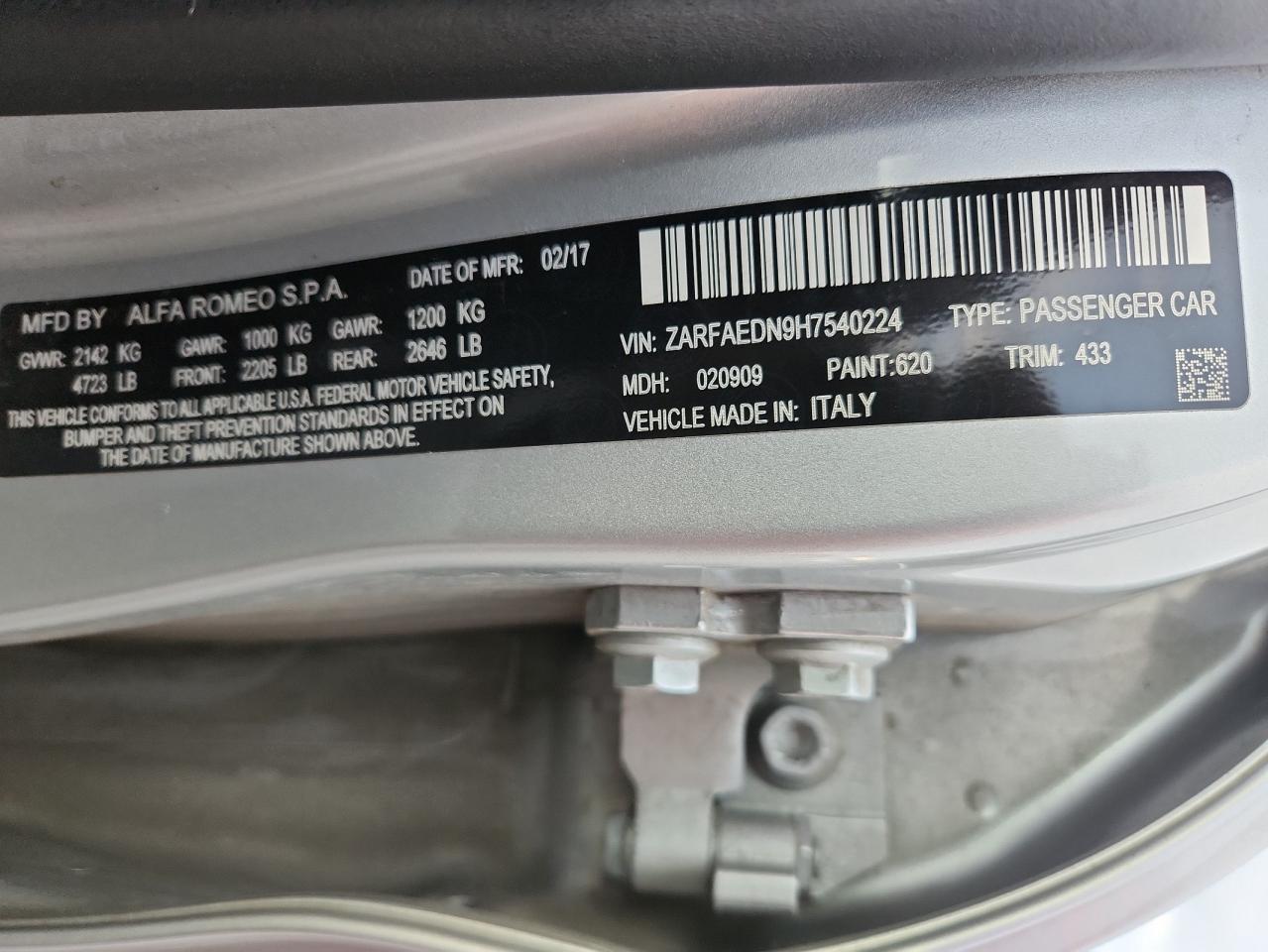 2017 Alfa Romeo Giulia Q4 VIN: ZARFAEDN9H7540224 Lot: 92106485