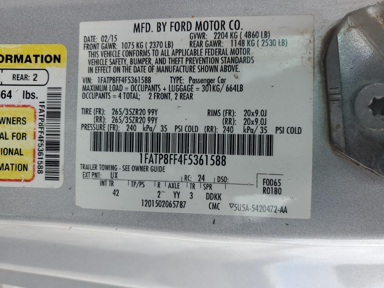 2015 Ford Mustang Gt VIN: 1FATP8FF4F5361588 Lot: 91797405