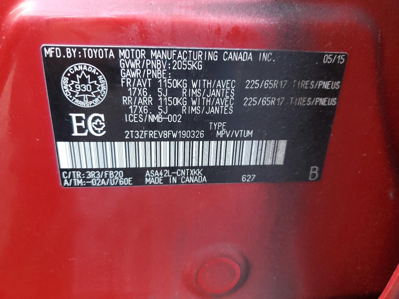 2015 Toyota Rav4 Le VIN: 2T3ZFREV8FW190326 Lot: 91172165