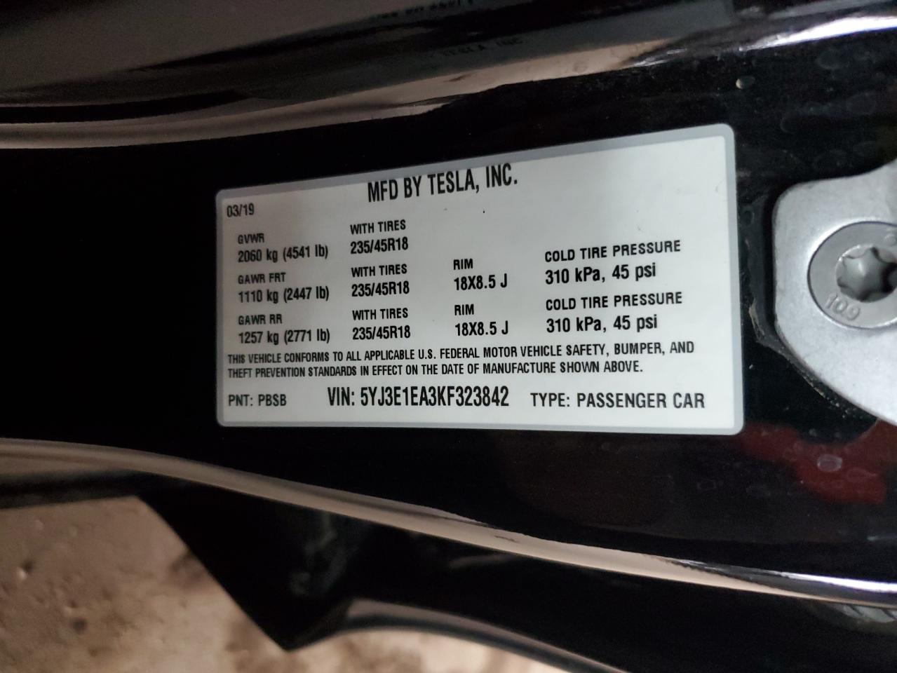 2019 Tesla Model 3 VIN: 5YJ3E1EA3KF323842 Lot: 93503815