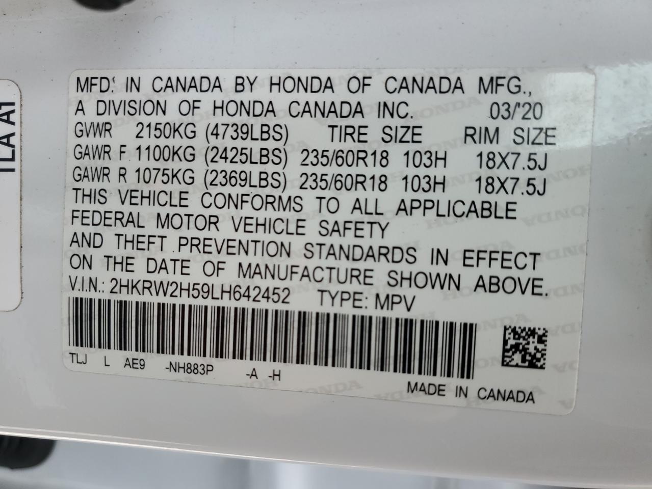2020 Honda Cr-V Ex VIN: 2HKRW2H59LH642452 Lot: 91133085