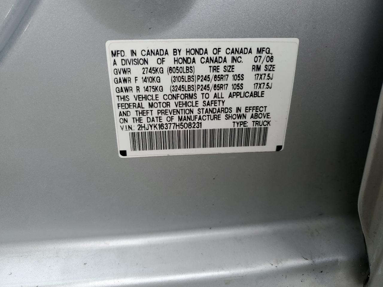 2007 Honda Ridgeline Rtx VIN: 2HJYK16377H508231 Lot: 92435035
