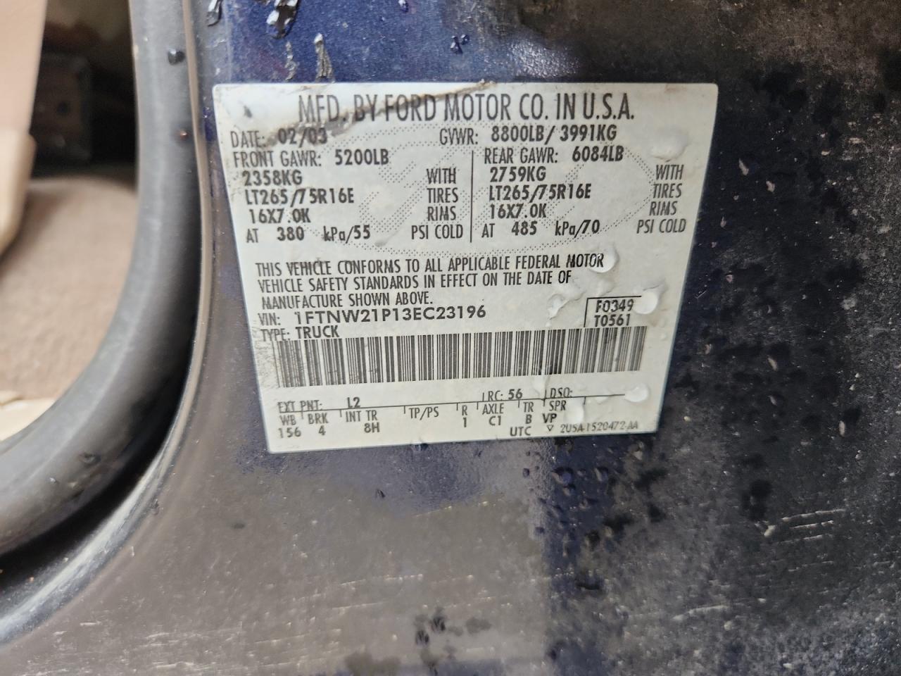 2003 Ford F250 Super Duty VIN: 1FTNW21P13EC23196 Lot: 93201685