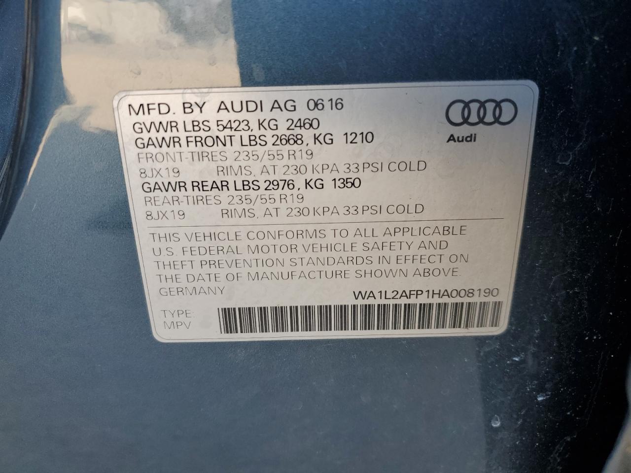 2017 Audi Q5 Premium Plus VIN: WA1L2AFP1HA008190 Lot: 91238715
