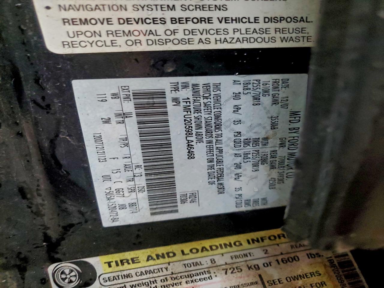 2008 Ford Expedition Limited VIN: 1FMFU20598LA46468 Lot: 94230575