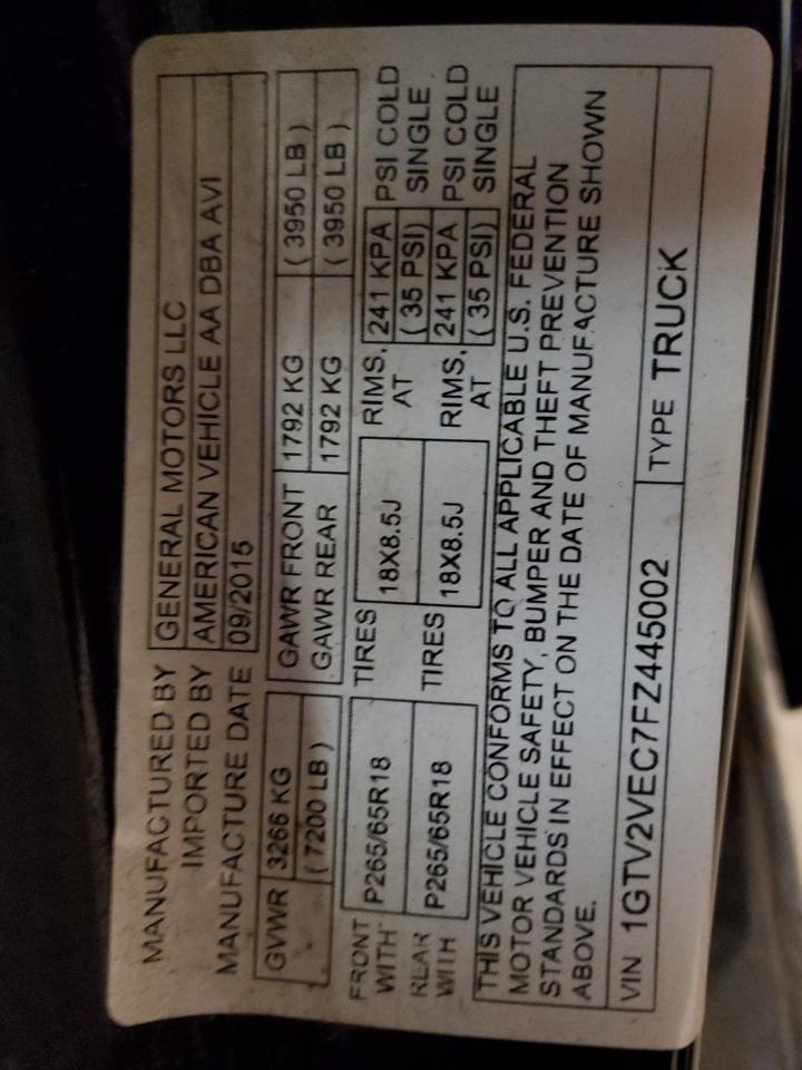 2015 GMC Sierra K1500 Slt VIN: 1GTV2VEC7FZ445002 Lot: 92379895