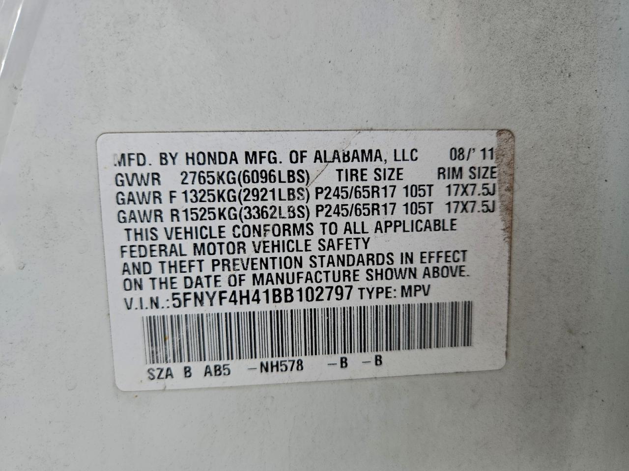 2011 Honda Pilot Ex VIN: 5FNYF4H41BB102797 Lot: 94732155