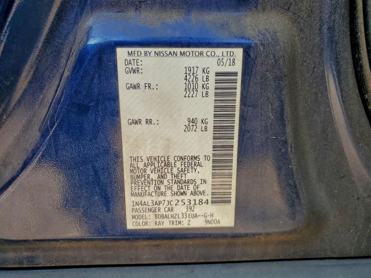 2018 Nissan Altima 2.5 VIN: 1N4AL3AP7JC253184 Lot: 93304015