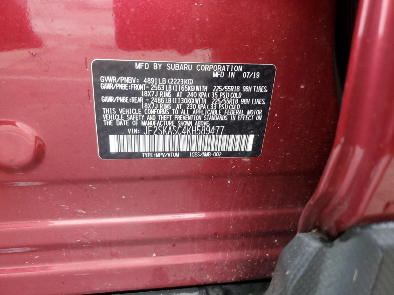 2019 Subaru Forester Limited VIN: JF2SKASC4KH589477 Lot: 93277525