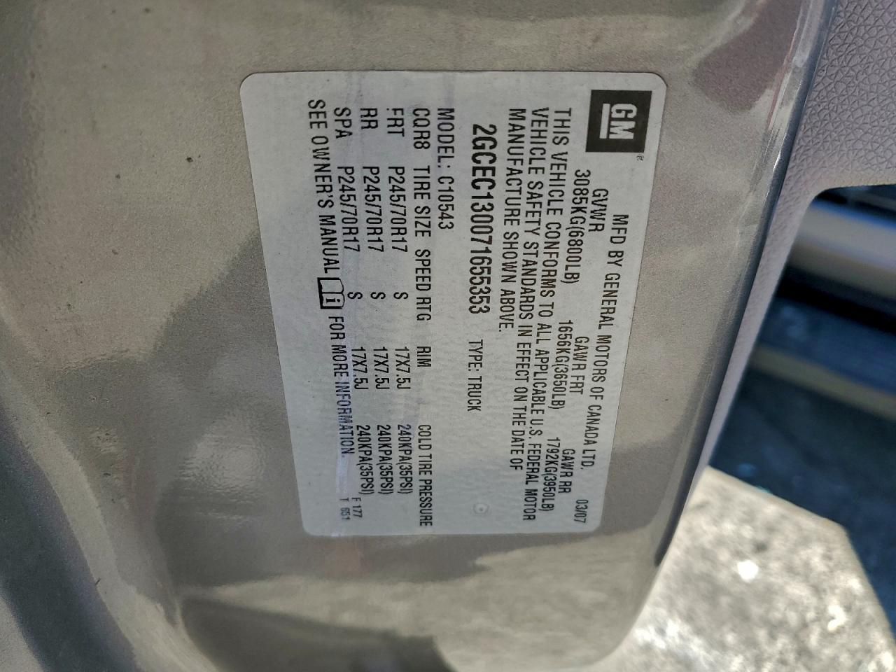 2007 Chevrolet Silverado C1500 Crew Cab VIN: 2GCEC130071655353 Lot: 93975005