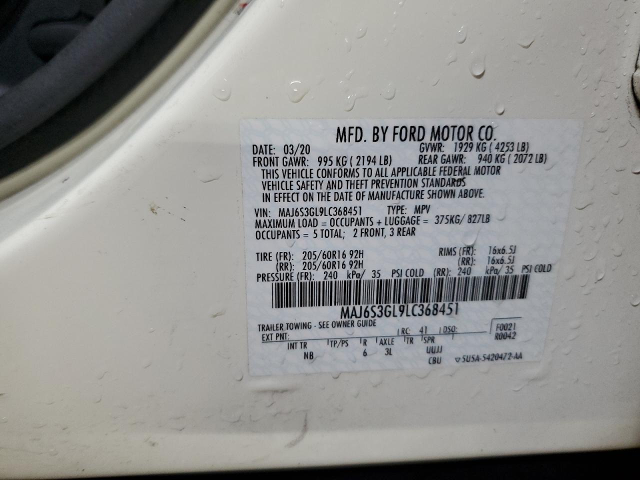 2020 Ford Ecosport Se VIN: MAJ6S3GL9LC368451 Lot: 92439195