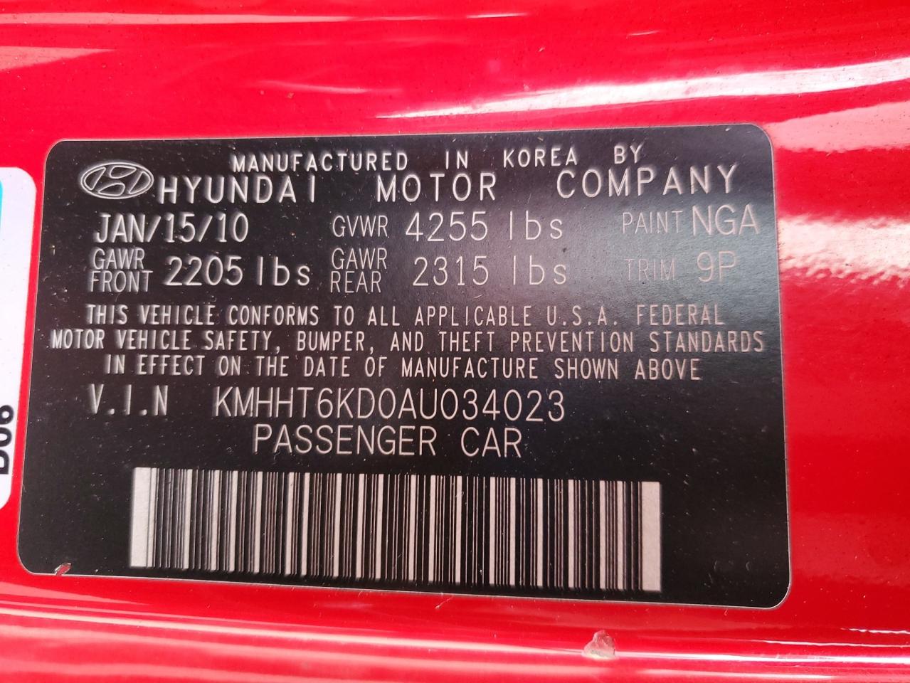 2010 Hyundai Genesis Coupe 2.0T VIN: KMHHT6KD0AU034023 Lot: 90941395