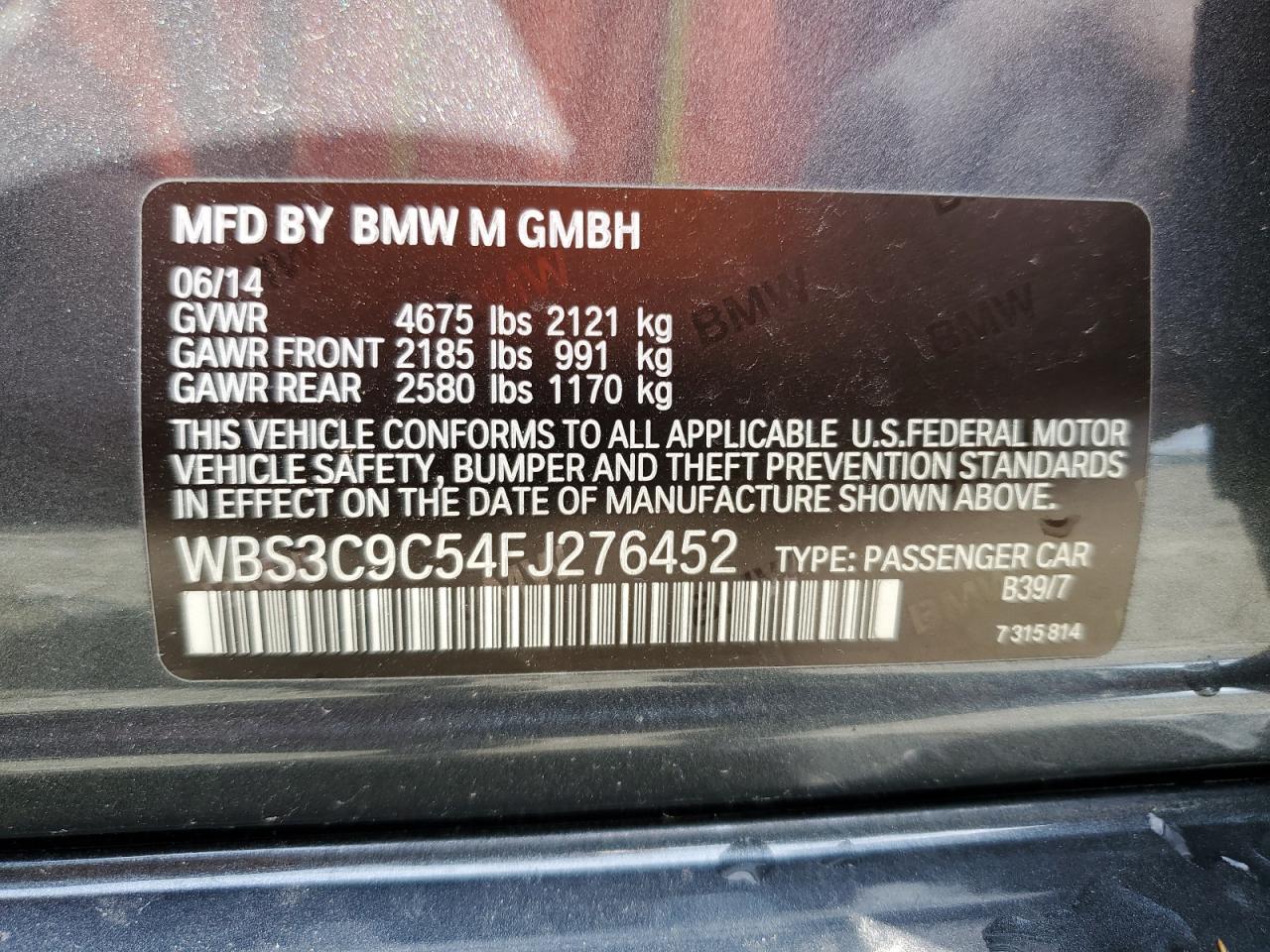 2015 BMW M3 VIN: WBS3C9C54FJ276452 Lot: 92906135