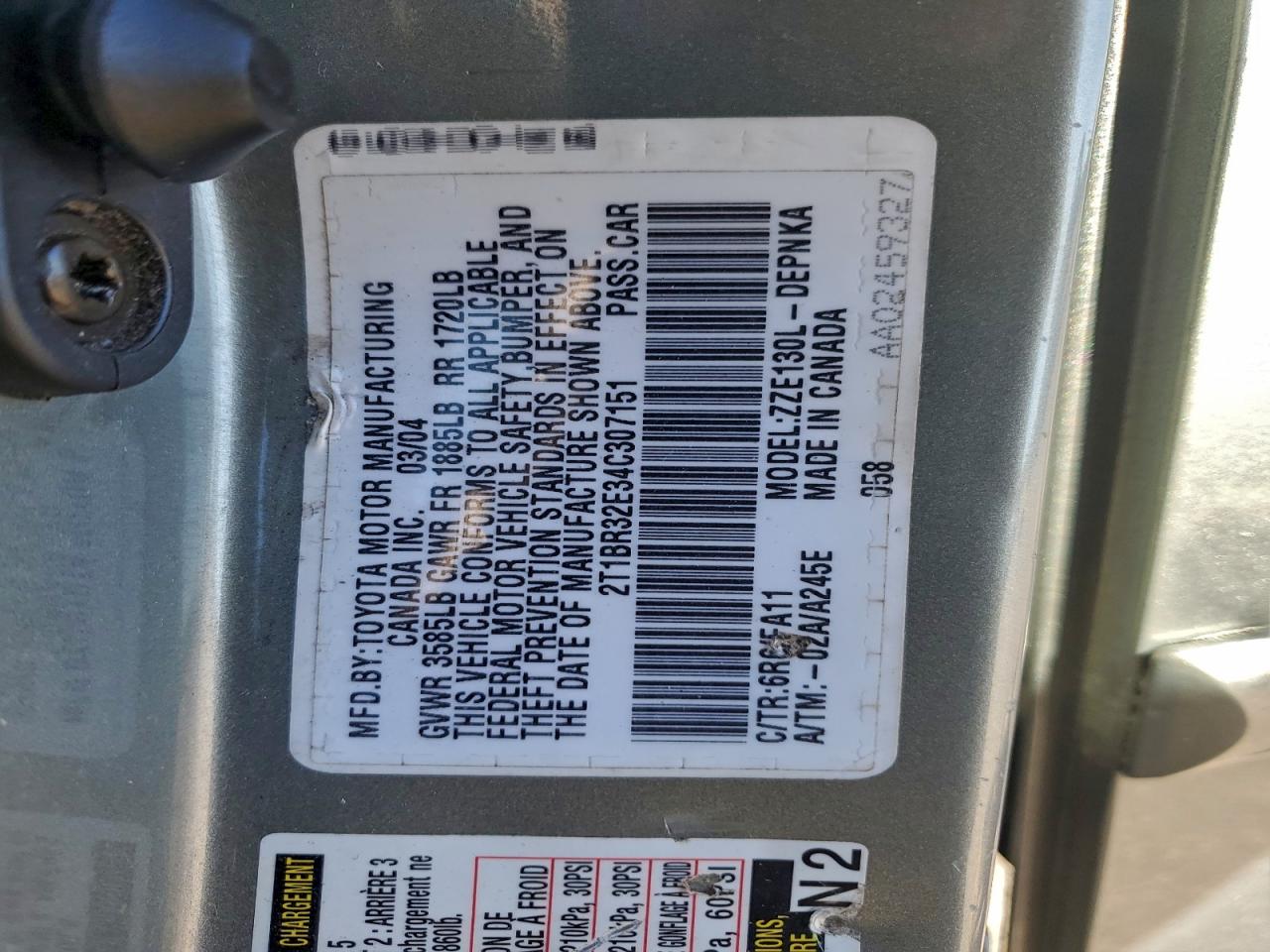 2004 Toyota Corolla Ce VIN: 2T1BR32E34C307151 Lot: 94076755