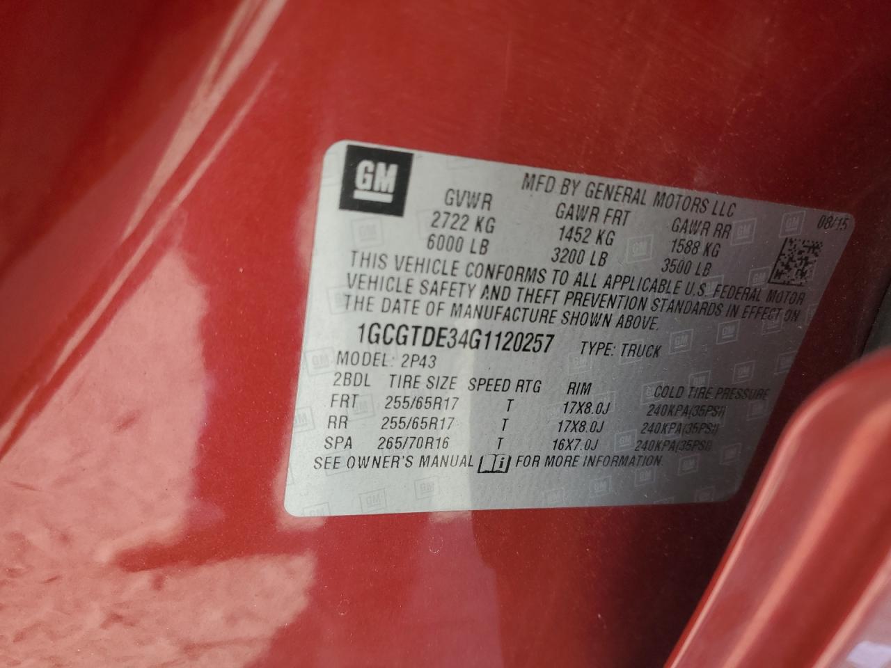 2016 Chevrolet Colorado Z71 VIN: 1GCGTDE34G1120257 Lot: 92632495