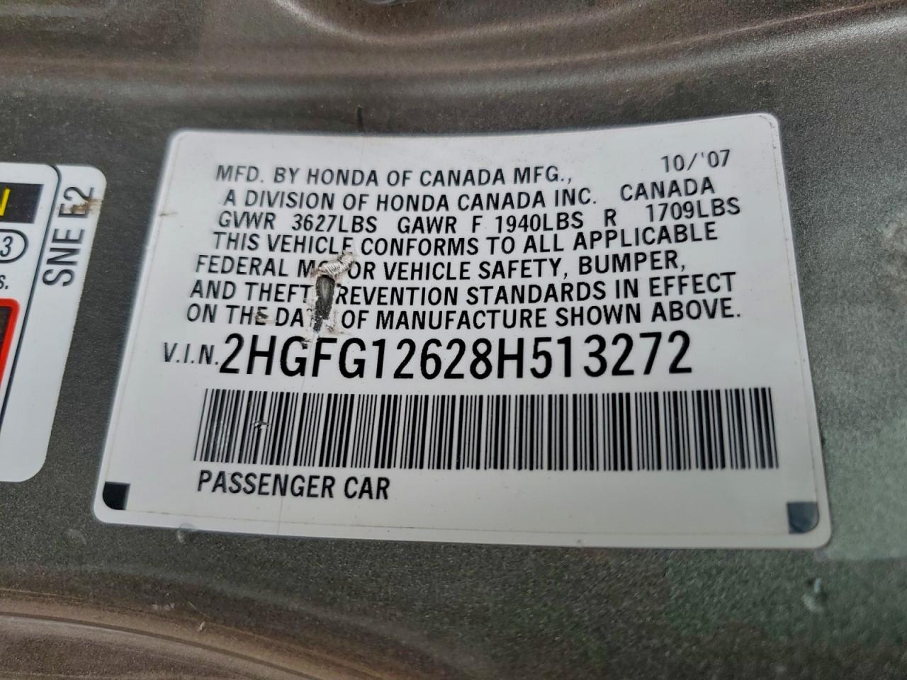 2008 Honda Civic Lx VIN: 2HGFG12628H513272 Lot: 94293175