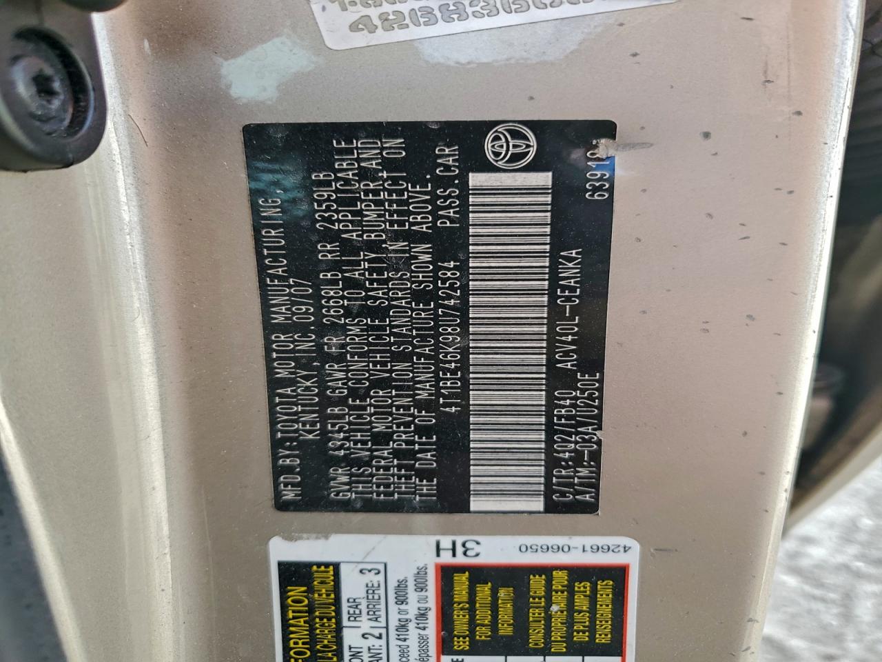 2008 Toyota Camry Ce VIN: 4T1BE46K98U742584 Lot: 94293695