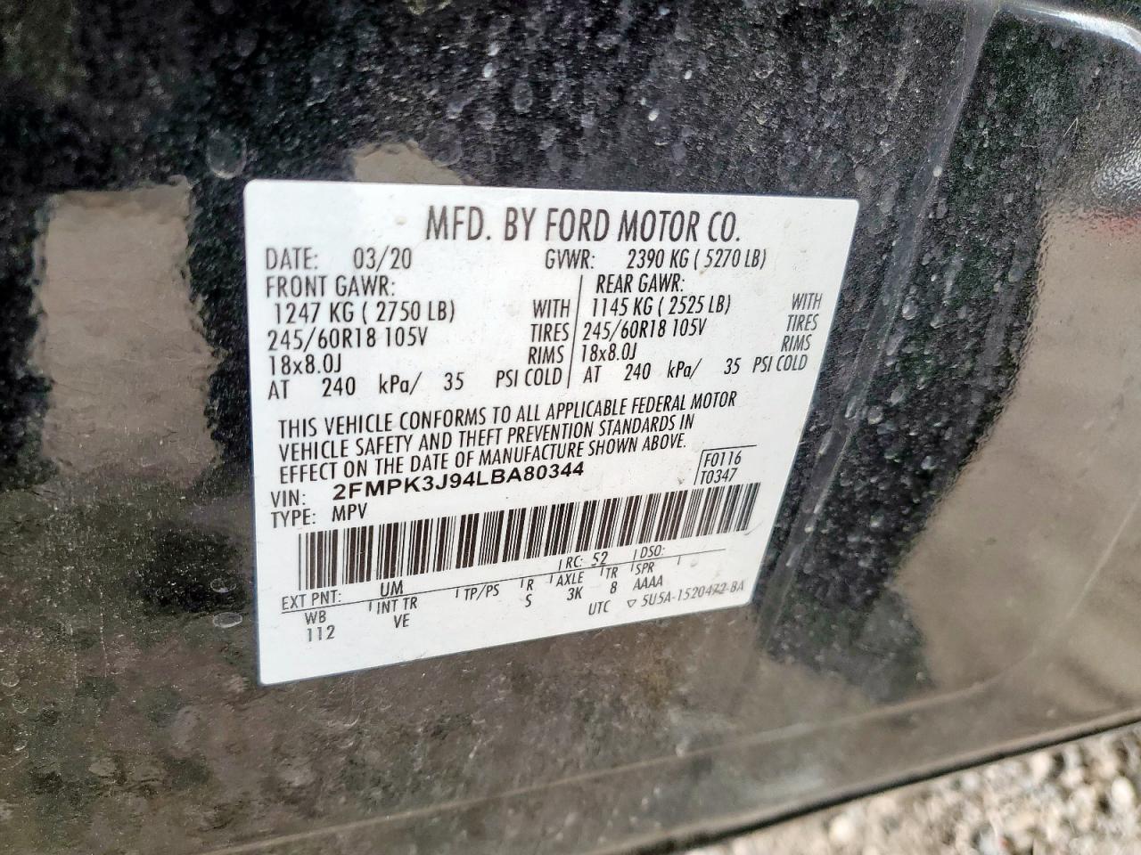 2020 Ford Edge Sel VIN: 2FMPK3J94LBA80344 Lot: 91750135