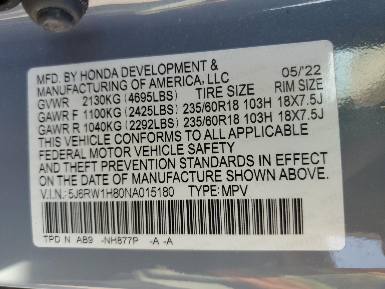 2022 Honda Cr-V Exl VIN: 5J6RW1H80NA015180 Lot: 93190645