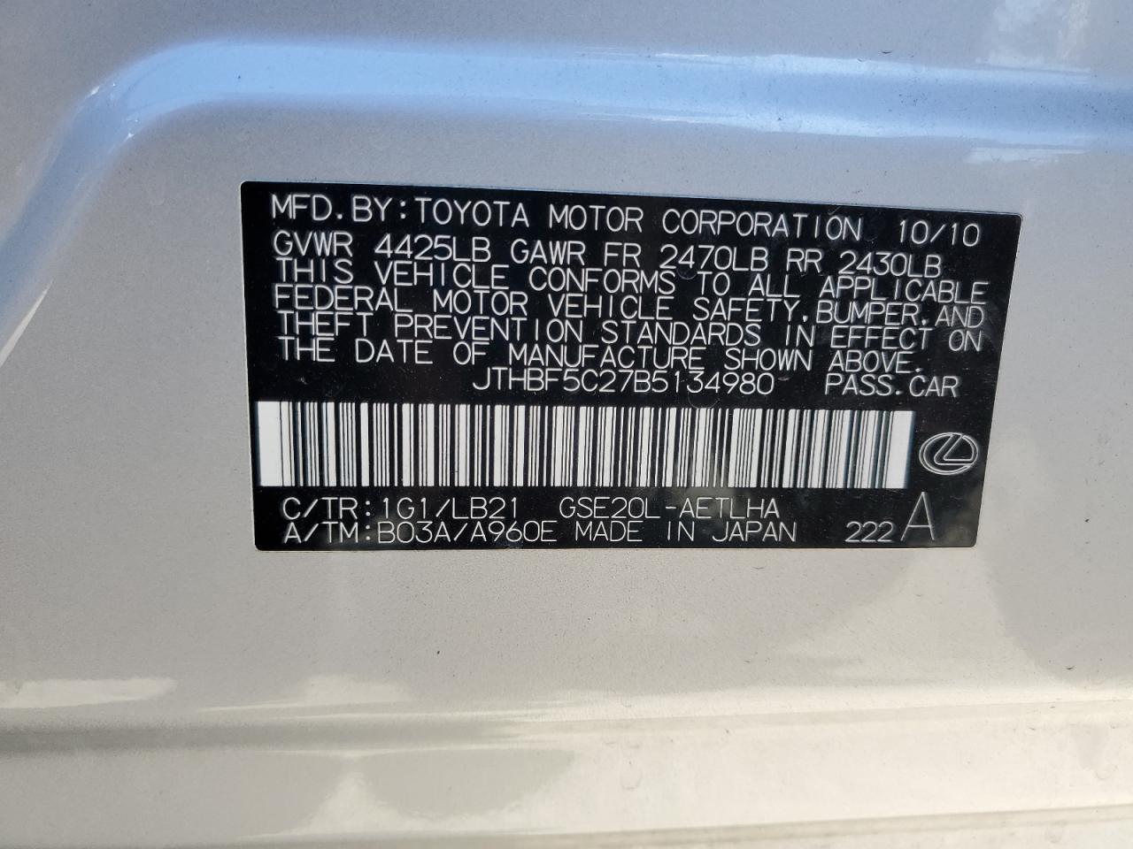 2011 Lexus Is 250 VIN: JTHBF5C27B5134980 Lot: 91723405