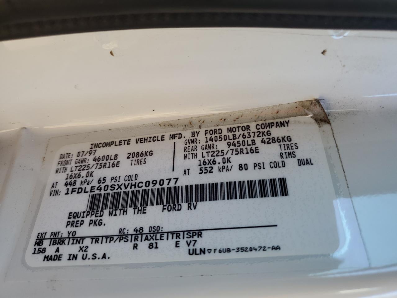 1997 Ford Econoline E450 Super Duty Cutaway Van Rv VIN: 1FDLE40SXVHC09077 Lot: 91584925