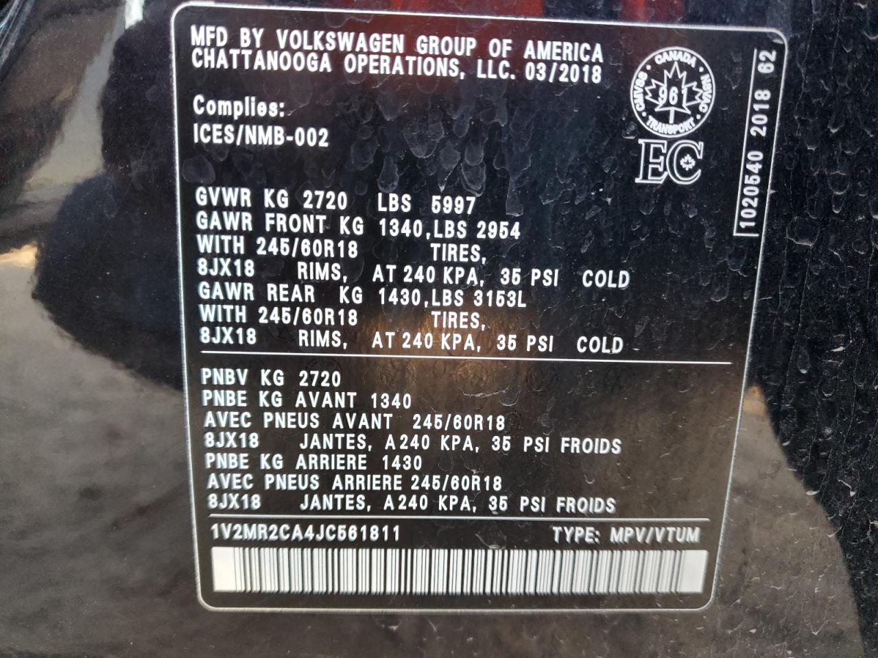 2018 Volkswagen Atlas Sel VIN: 1V2MR2CA4JC561811 Lot: 93298475