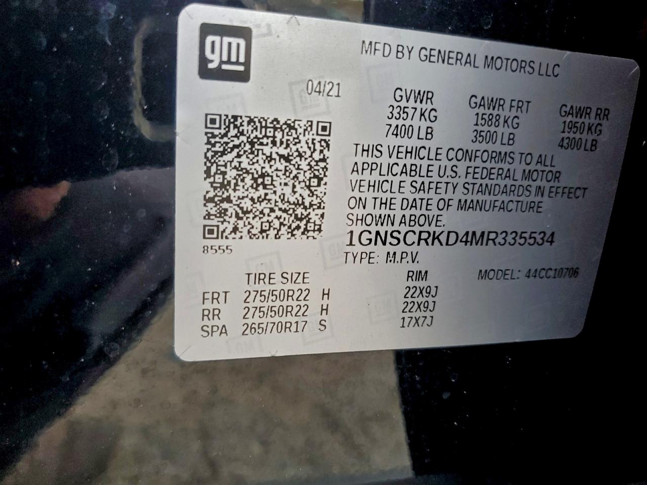 2021 Chevrolet Tahoe C1500 Rst VIN: 1GNSCRKD4MR335534 Lot: 93819285