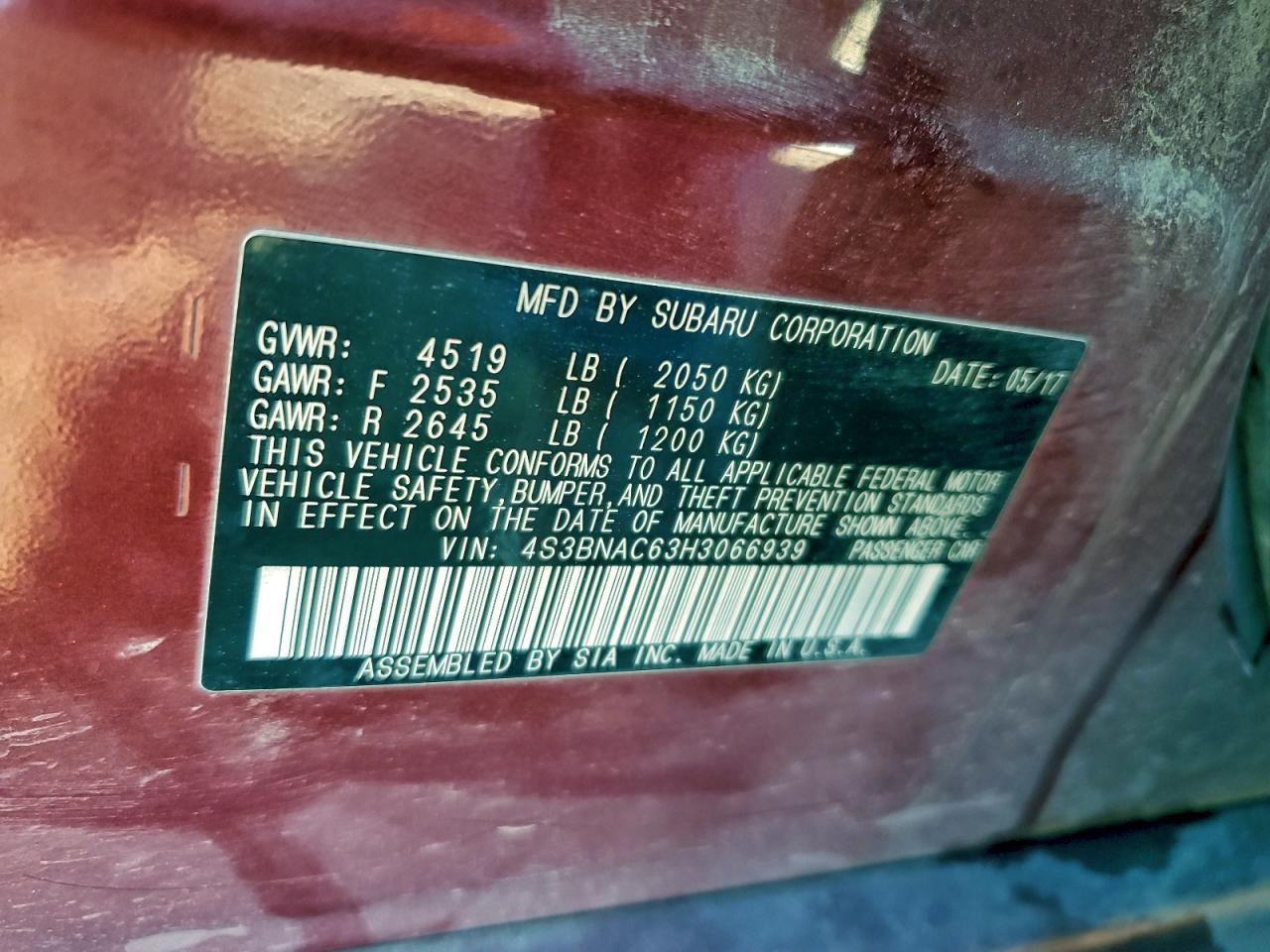 2017 Subaru Legacy 2.5I Premium VIN: 4S3BNAC63H3066939 Lot: 93533565