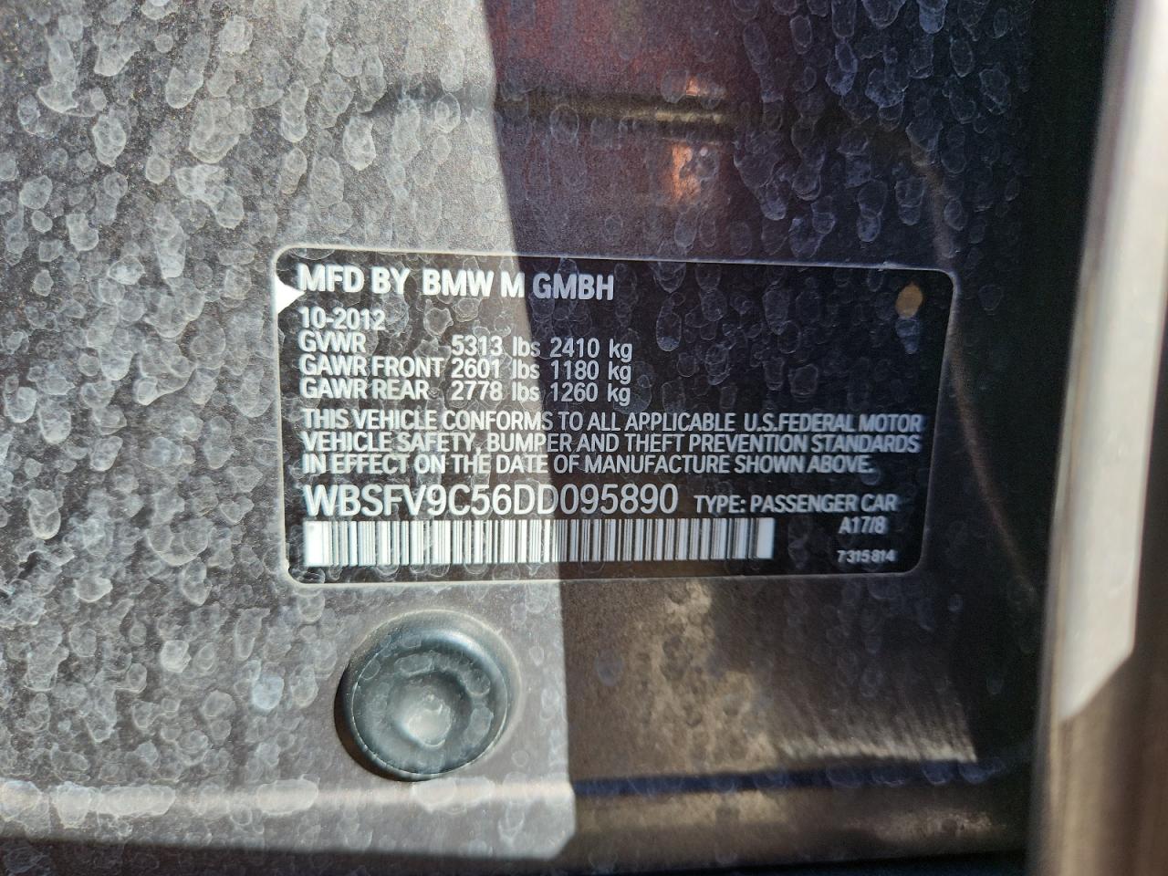 2013 BMW M5 VIN: WBSFV9C56DD095890 Lot: 91209345