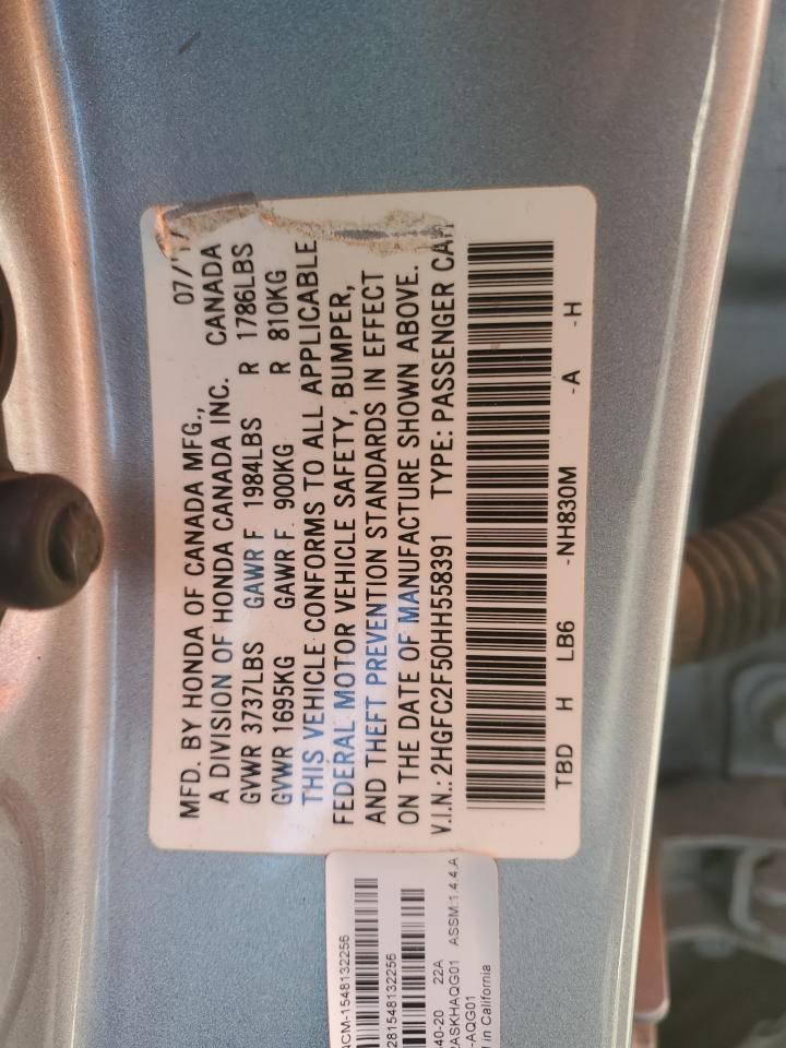 2017 Honda Civic Lx VIN: 2HGFC2F50HH558391 Lot: 92206965