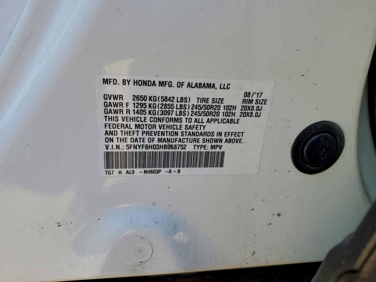 2017 Honda Pilot Elite VIN: 5FNYF6H03HB068752 Lot: 93868545