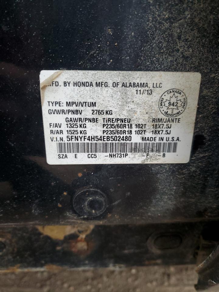 2014 Honda Pilot Exl VIN: 5FNYF4H54EB502480 Lot: 93086515