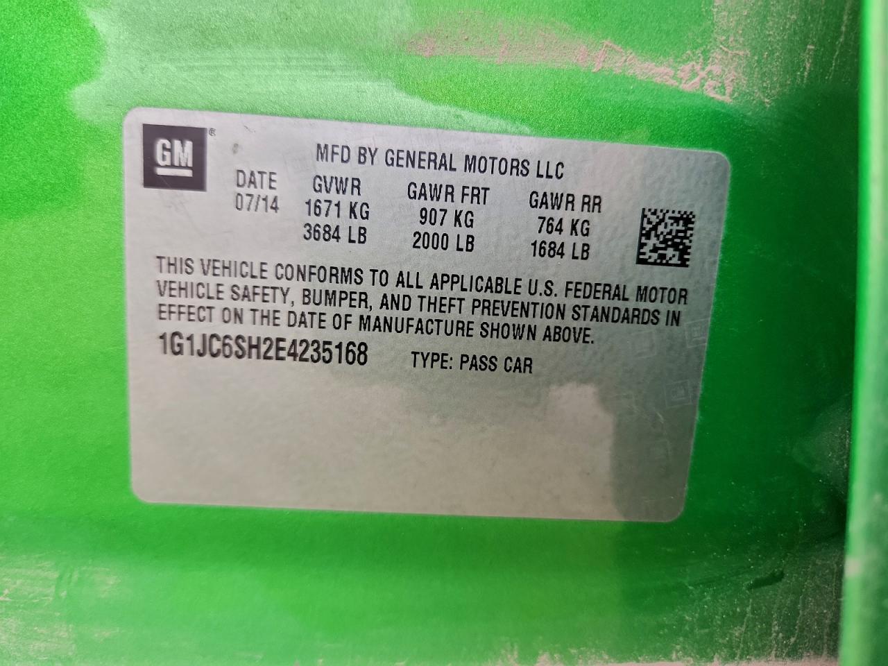 2014 Chevrolet Sonic Lt VIN: 1G1JC6SH2E4235168 Lot: 93555375