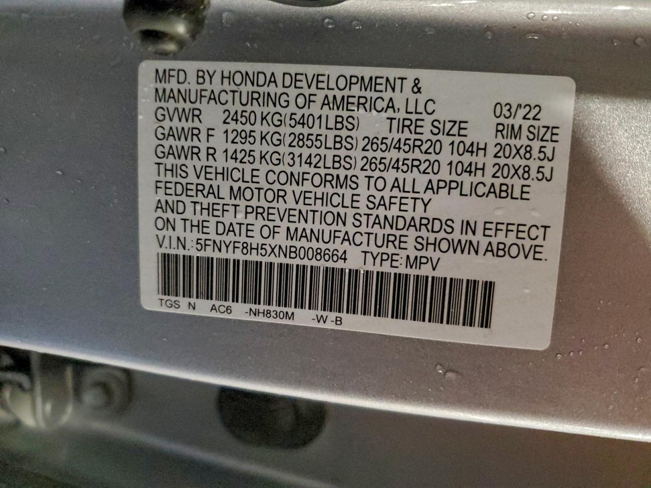 2022 Honda Passport Exl VIN: 5FNYF8H5XNB008664 Lot: 94349855