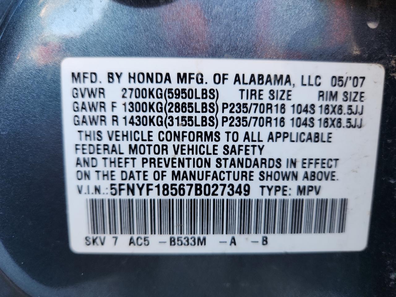 2007 Honda Pilot Exl VIN: 5FNYF18567B027349 Lot: 93025475