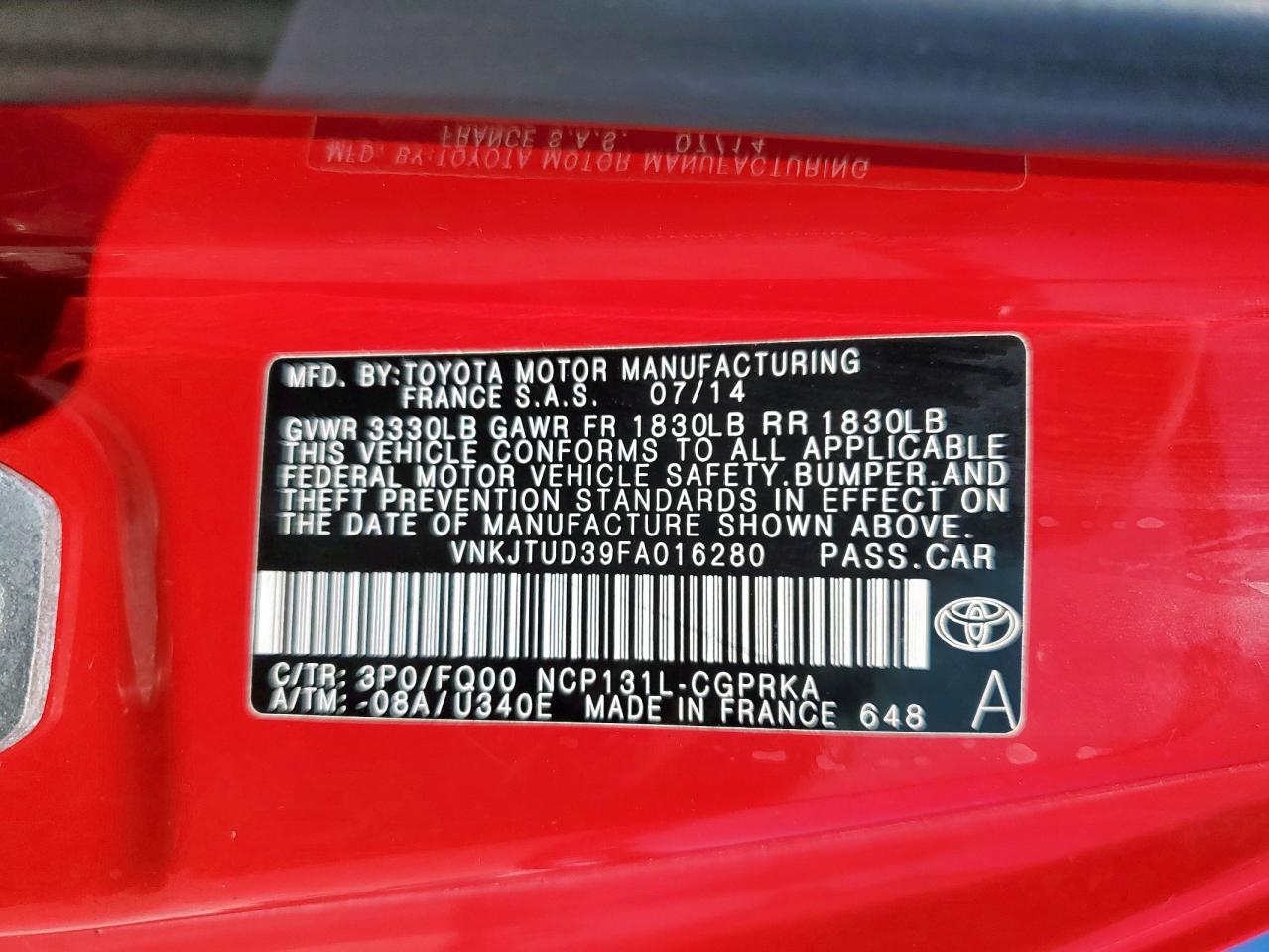 2015 Toyota Yaris VIN: VNKJTUD39FA016280 Lot: 91143735