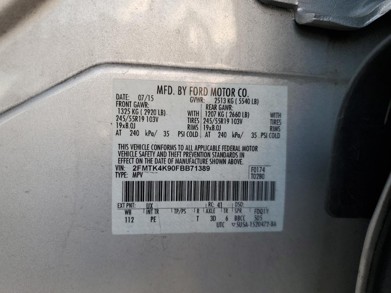 2015 Ford Edge Titanium VIN: 2FMTK4K90FBB71389 Lot: 92818495