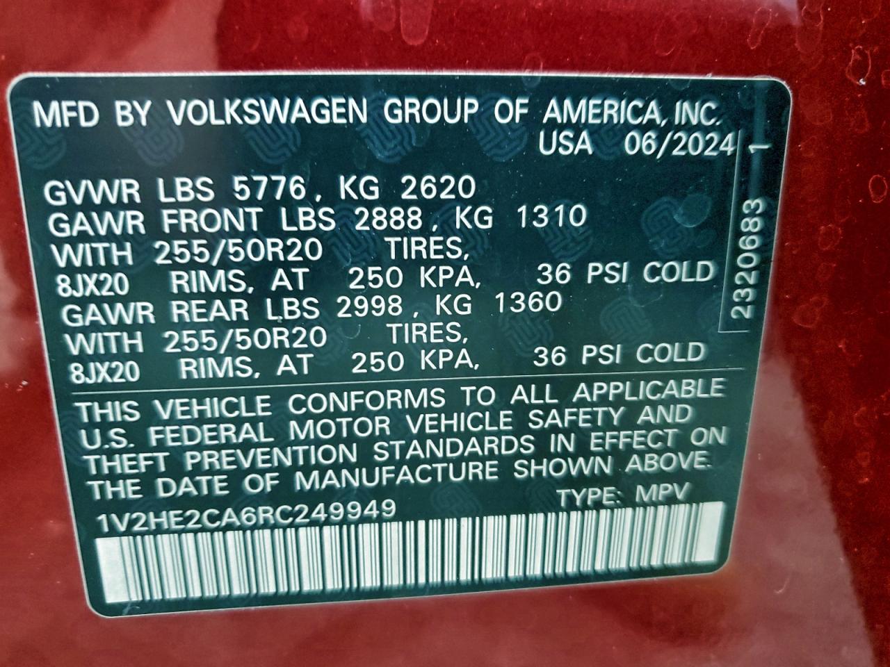 2024 Volkswagen Atlas Cross Sport Se VIN: 1V2HE2CA6RC249949 Lot: 93529745