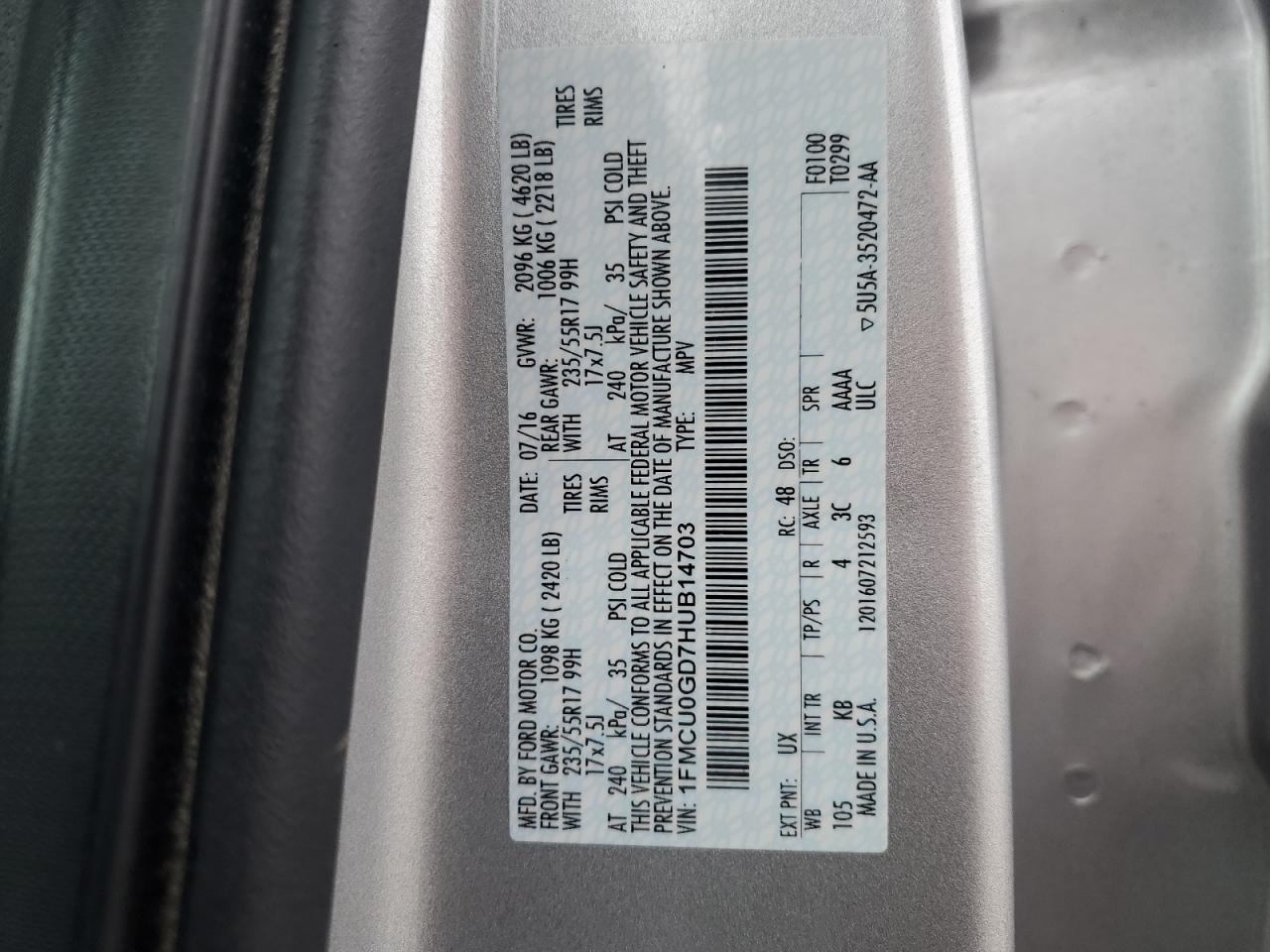 2017 Ford Escape Se VIN: 1FMCU0GD7HUB14703 Lot: 92212395